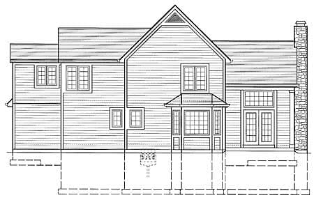 House plan exterior drawing of a two-story home with a gable roof, bay window, and stone chimney.