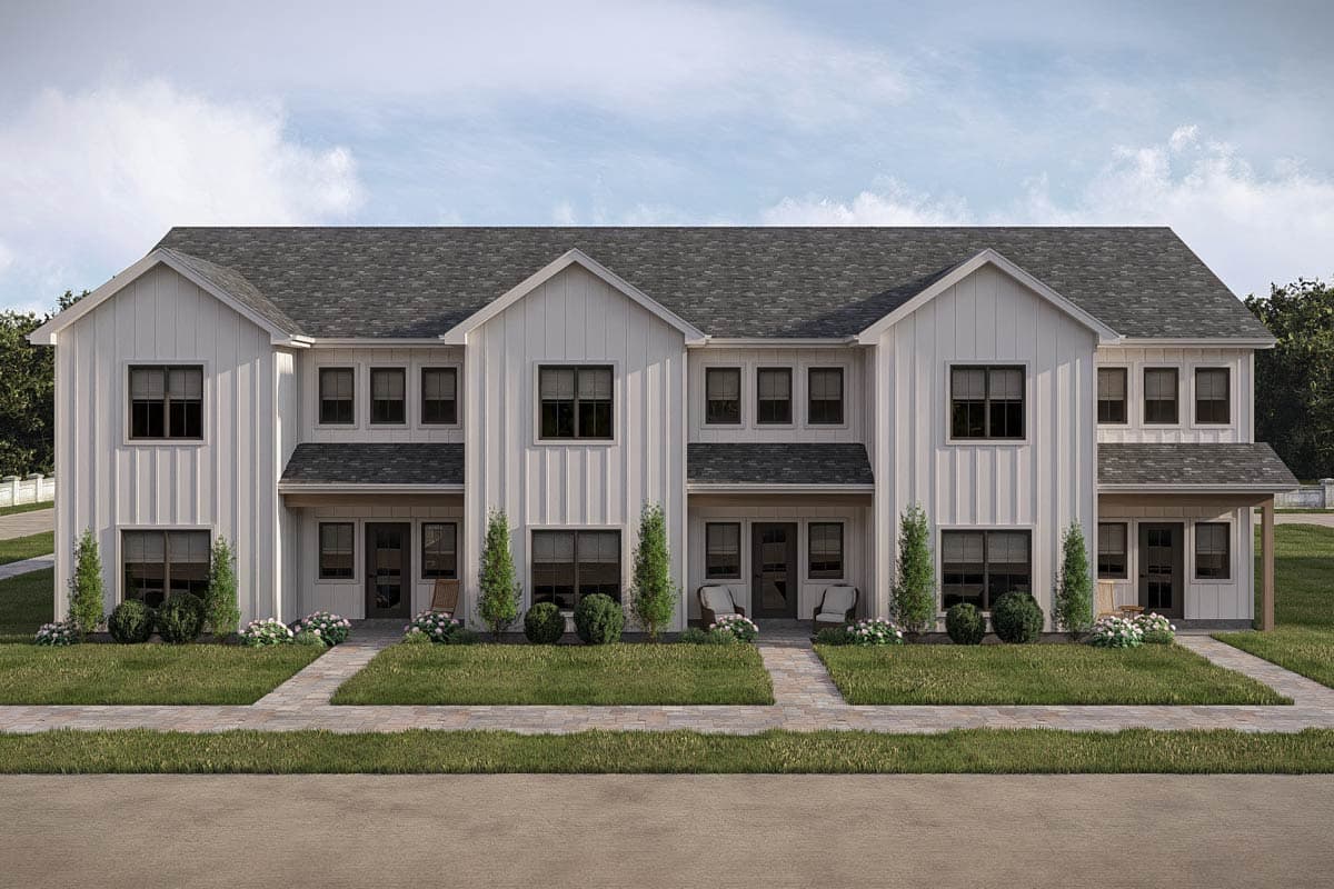 Plan 623692DJ: Two-Story Townhome Triplex Plan with Three Bedrooms and Private Patios - Image #3 - Country, Farmhouse, Traditional