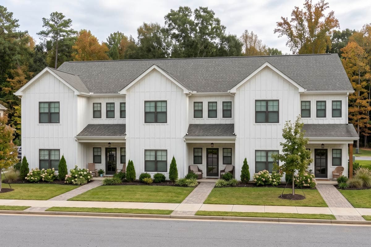 Plan 623692DJ: Two-Story Townhome Triplex Plan with Three Bedrooms and Private Patios - Virtual Tour Cover Image - Country, Farmhouse, Traditional