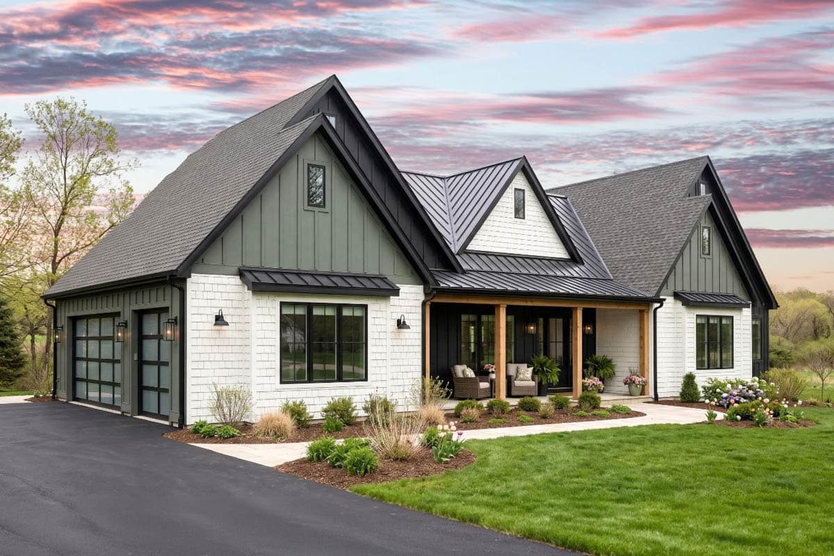 Transitional New American House Plan with Three Bedrooms and Three Car Garage
