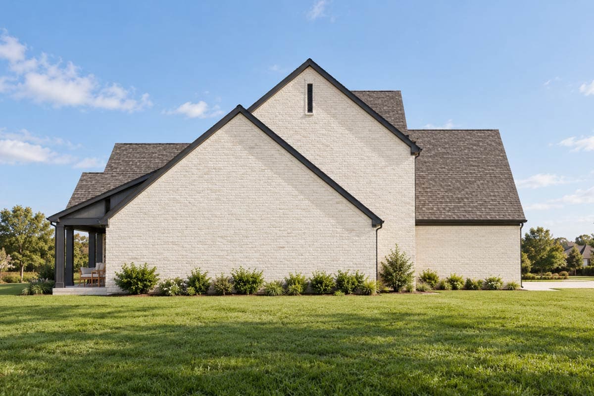 House plan exterior with white brick, steeply pitched dark gables, and a covered porch with dark posts.