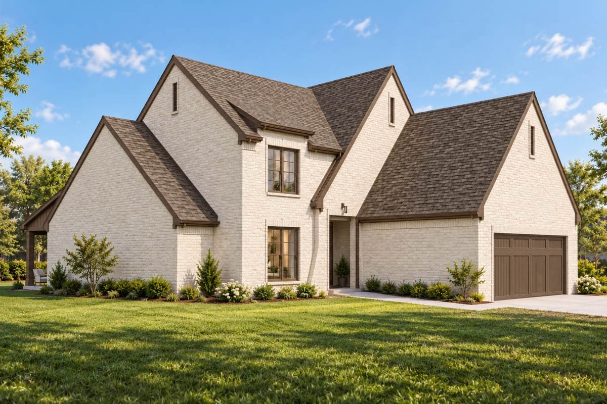 Two-story house plan exterior with cream brick, multiple gables, and a front-facing garage.