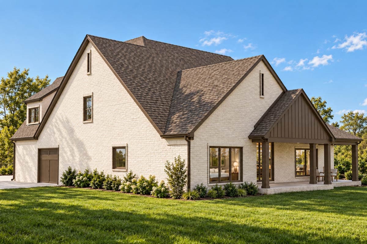 House plan exterior of a two-story home with white brick, gables, a covered porch, and a side-entry garage.