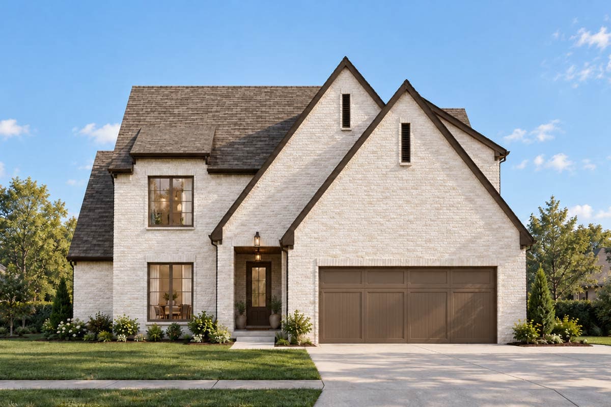House plan exterior with white brick facade, prominent gables, a covered entry, and a three-car garage.