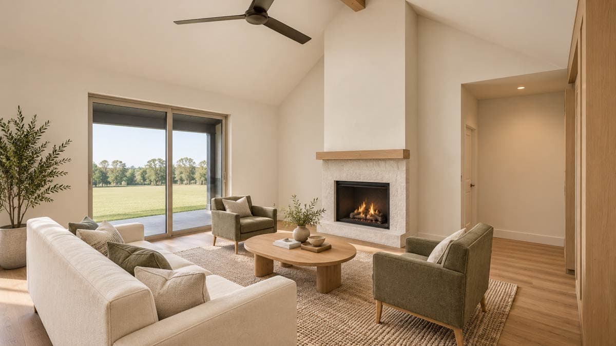 Interior view of a great room with vaulted ceiling, fireplace, large sliding glass door, and seating.
