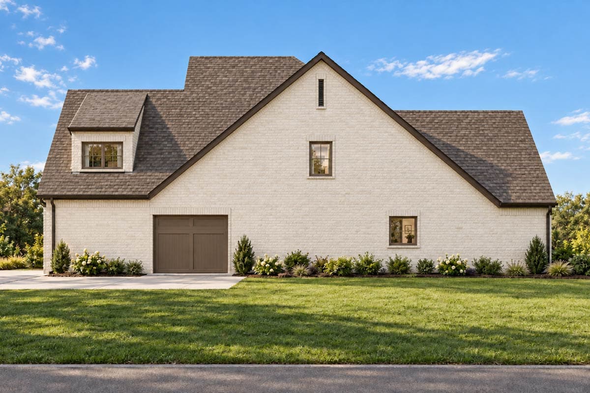 House plan exterior: white brick two-story with pitched roof, dormer, and side-entry garage.