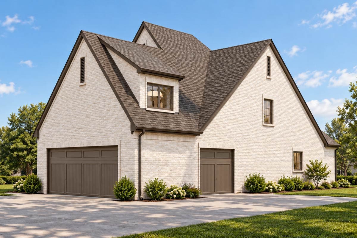 House plan exterior: White brick facade, steeply pitched gables, dormer, and three-car garage.