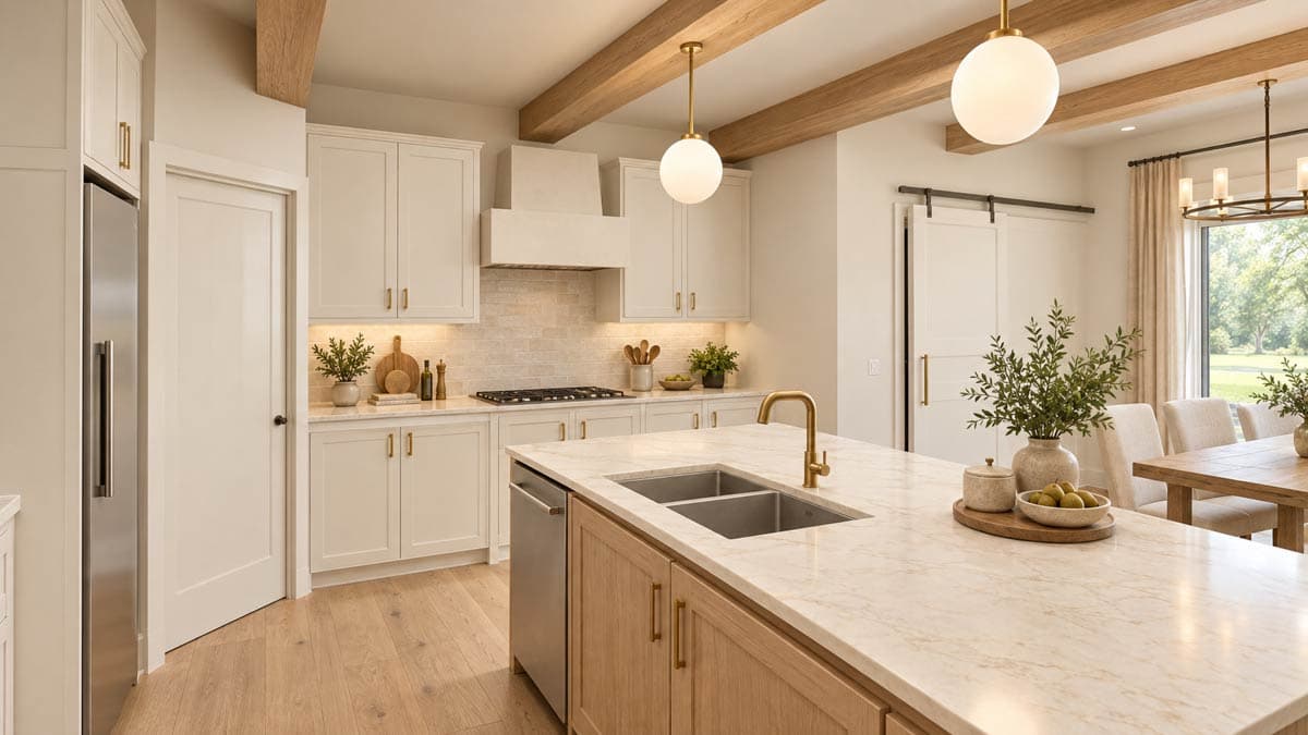 Kitchen with light cabinetry, island with sink, exposed wood beams on ceiling, and stainless steel appliances.
