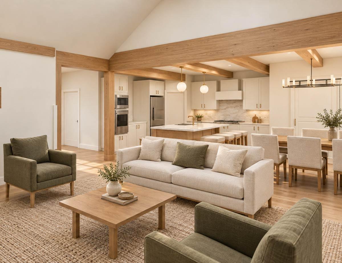 Open concept living area with vaulted ceiling, exposed beams, kitchen island, dining area, and seating.