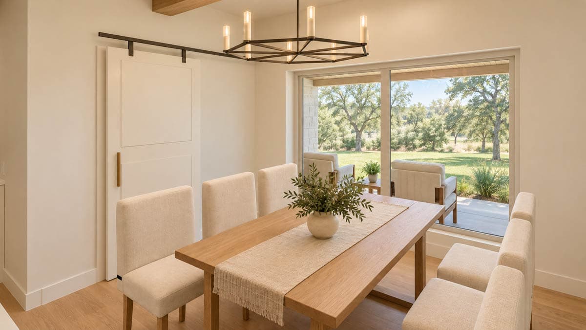 Dining room with wood table, seating, sliding barn door, and large windows overlooking a green landscape.