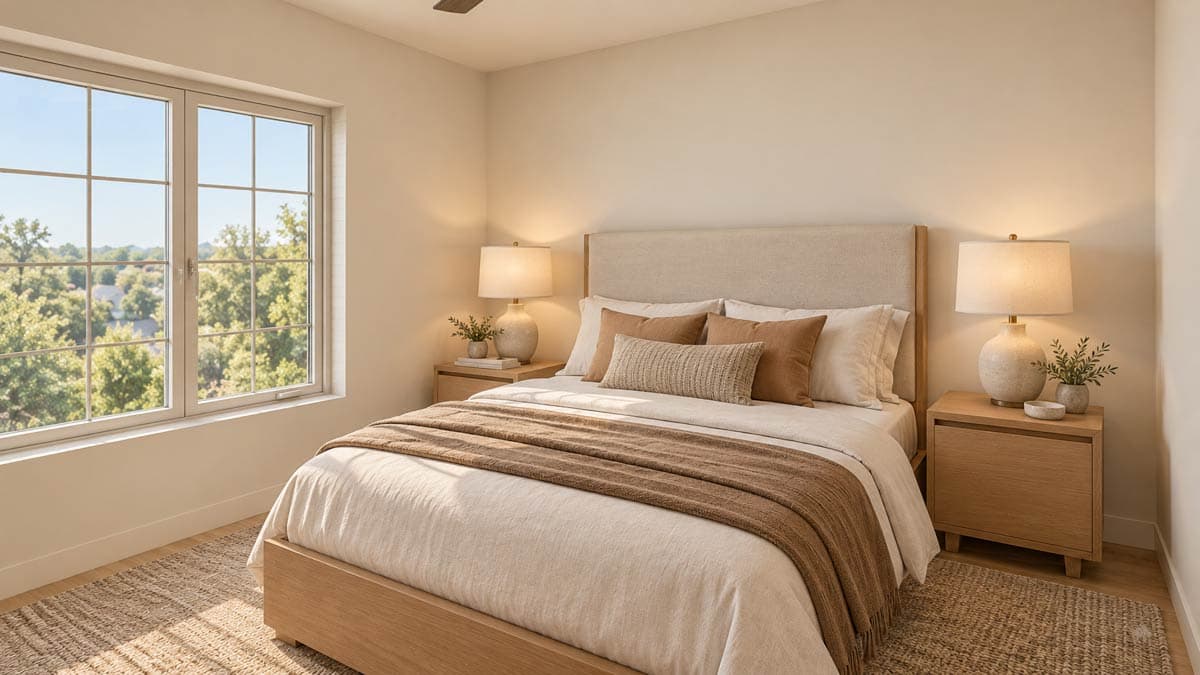 Bedroom with large grid window, upholstered headboard, wooden bed frame, and nightstands with lamps.
