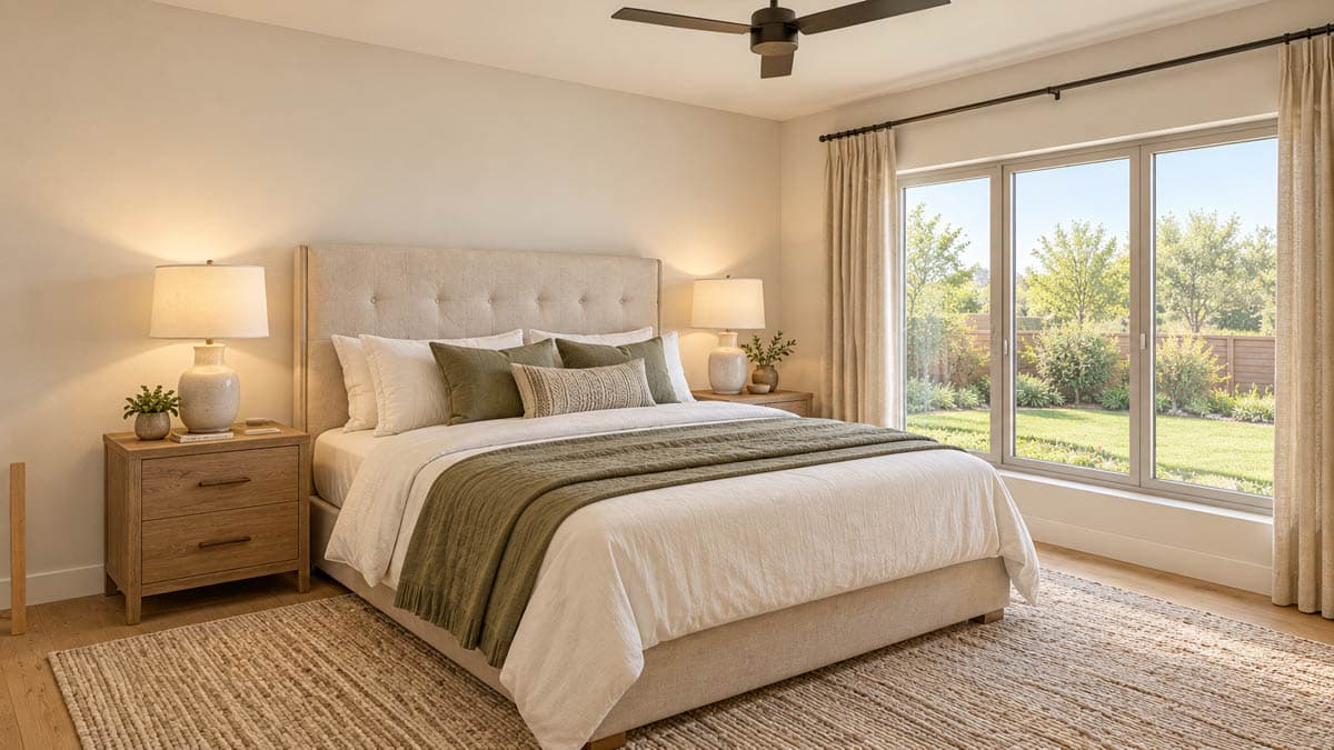 Primary bedroom with upholstered headboard, tufted accents, bedside tables, ceiling fan, and a large window overlooking the backyard.