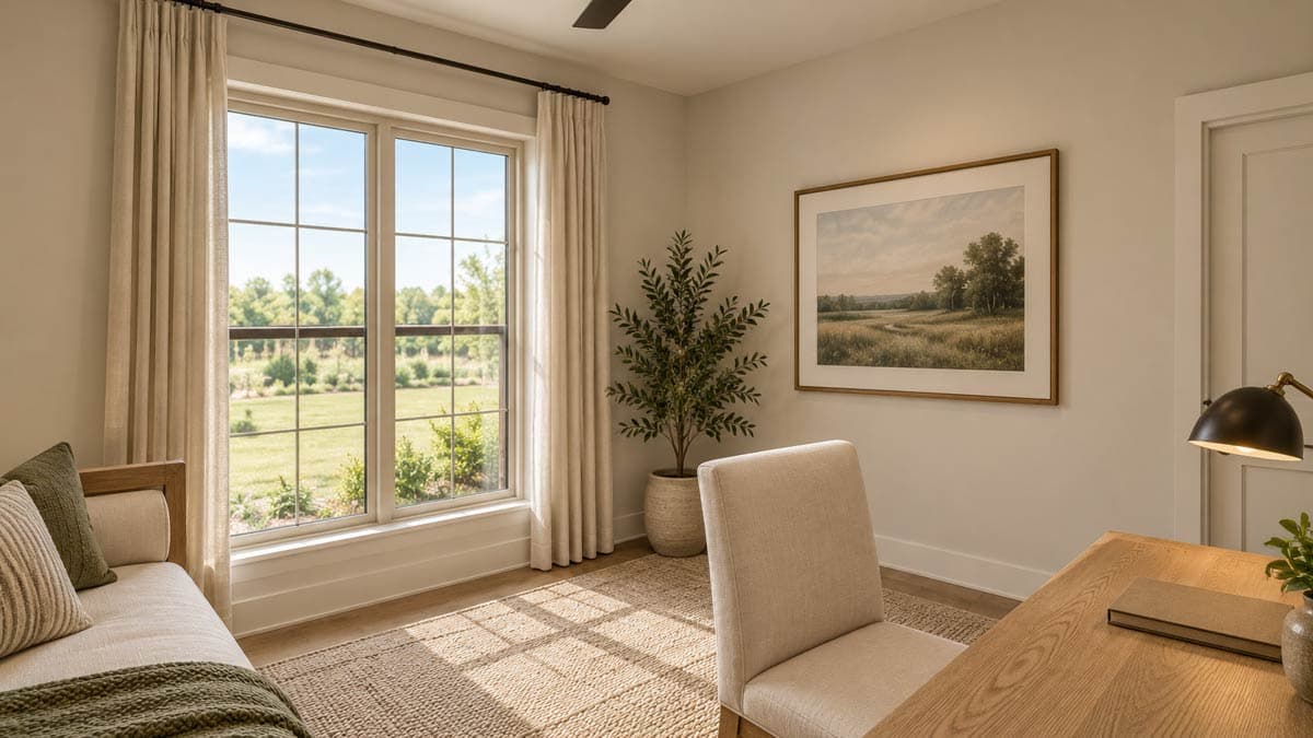 Home office with a large window, sofa, chair, desk, and landscape artwork.