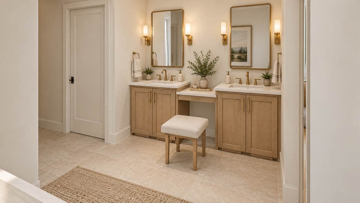 Primary bathroom with double vanity, integrated makeup vanity, and door to closet. House plan interior.