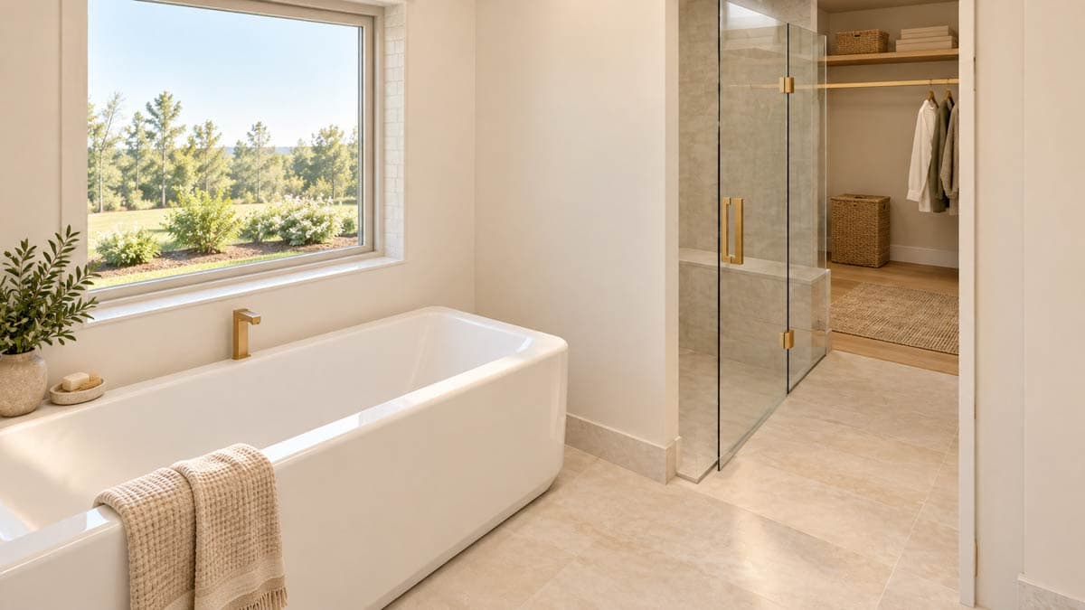Bathroom with soaking tub, walk-in shower with glass enclosure, and open closet with wood shelving.