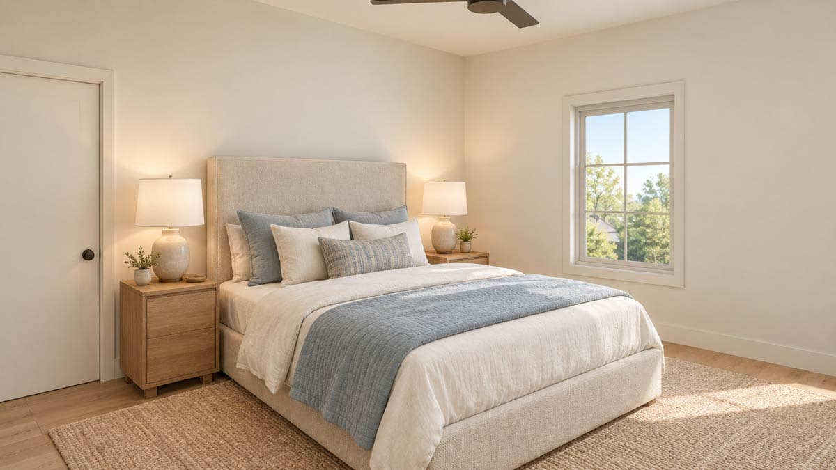 Bedroom interior with a king bed, bedside tables with lamps, a ceiling fan, and a window view of trees.