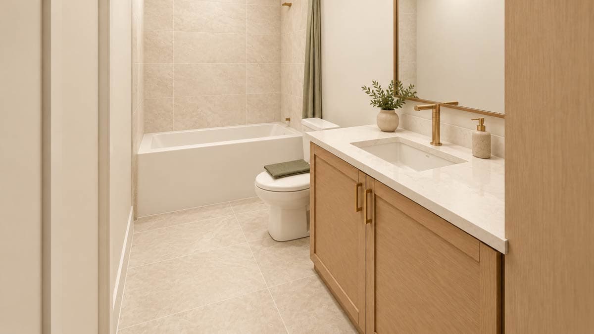 Modern bathroom with a soaking tub, toilet, and light wood vanity with a quartz countertop and brass fixtures.