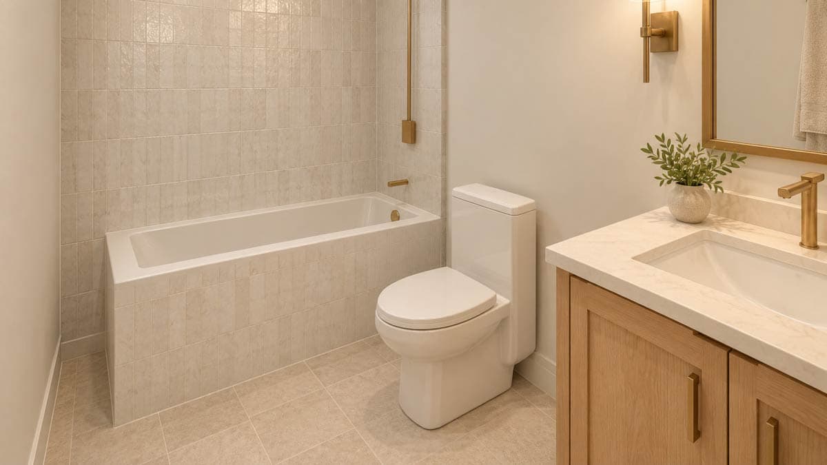 Bathroom with tiled tub and shower surround, modern toilet, and wood vanity with marble countertop and brass fixtures.