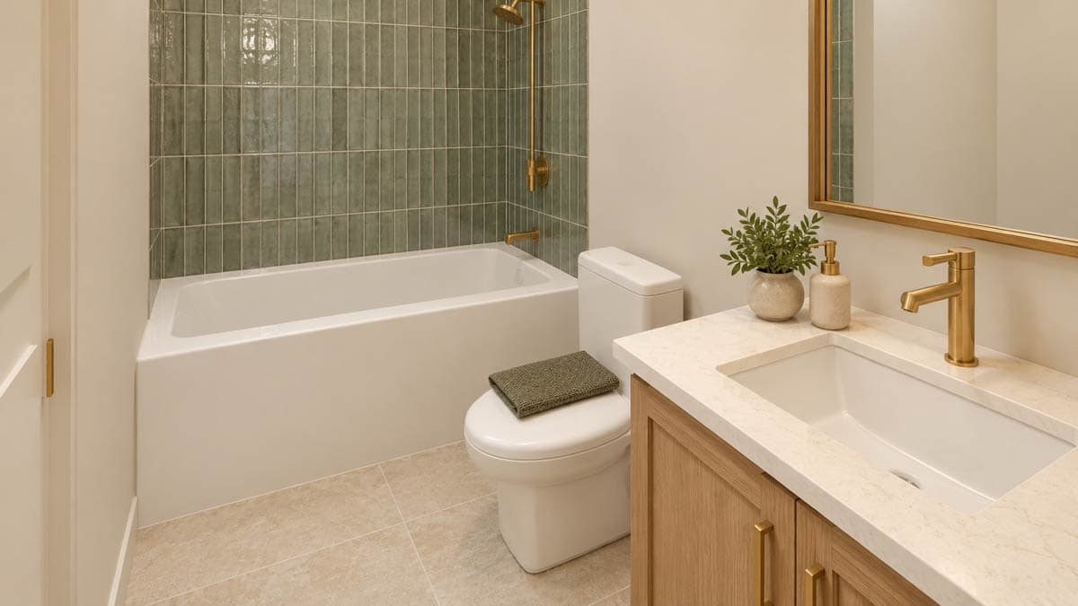 Bathroom with bathtub, toilet, vanity, and vertical green tile accent wall with gold fixtures.