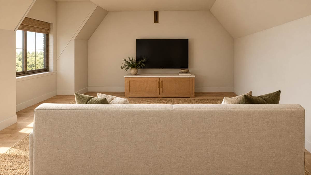 Interior view of a living area with vaulted ceiling, television, media console, and window.