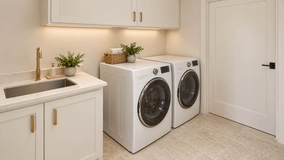 Laundry room with stacked washer and dryer, sink, and cabinetry.