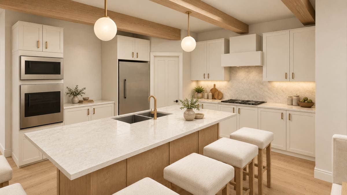 Kitchen with light wood beams, a large island with a double sink, and white cabinetry.