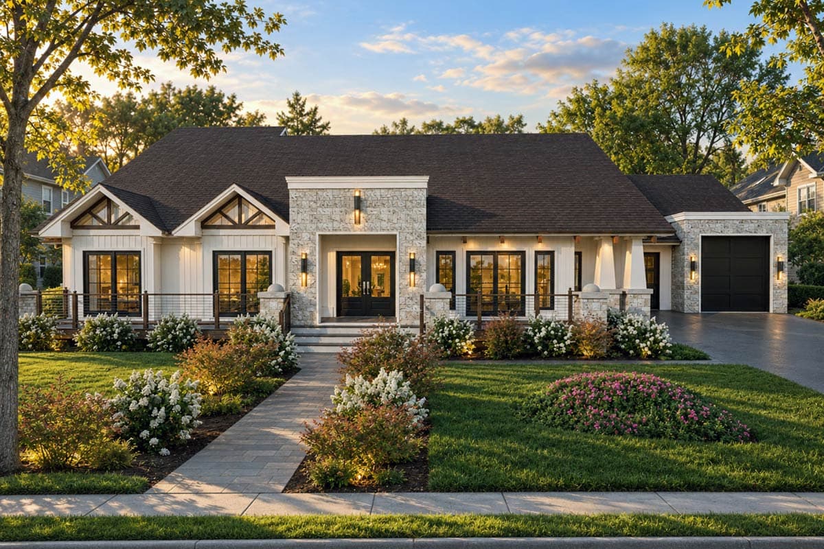 Plan 147080RML: Transitional Modern House Plan with Three Bedrooms and Front-Entry Garage - Image #1 - Country, Mid Century Modern, New American, Transitional