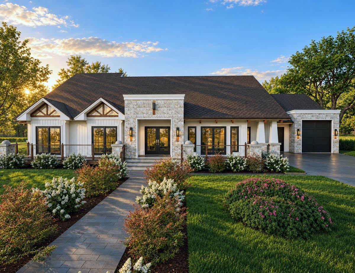 Plan 147080RML: Transitional Modern House Plan with Three Bedrooms and Front-Entry Garage - Image #3 - Country, Mid Century Modern, New American, Transitional