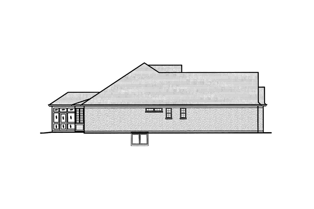 House plan exterior elevation with a multi-panel entry porch, varied rooflines, and multiple windows.