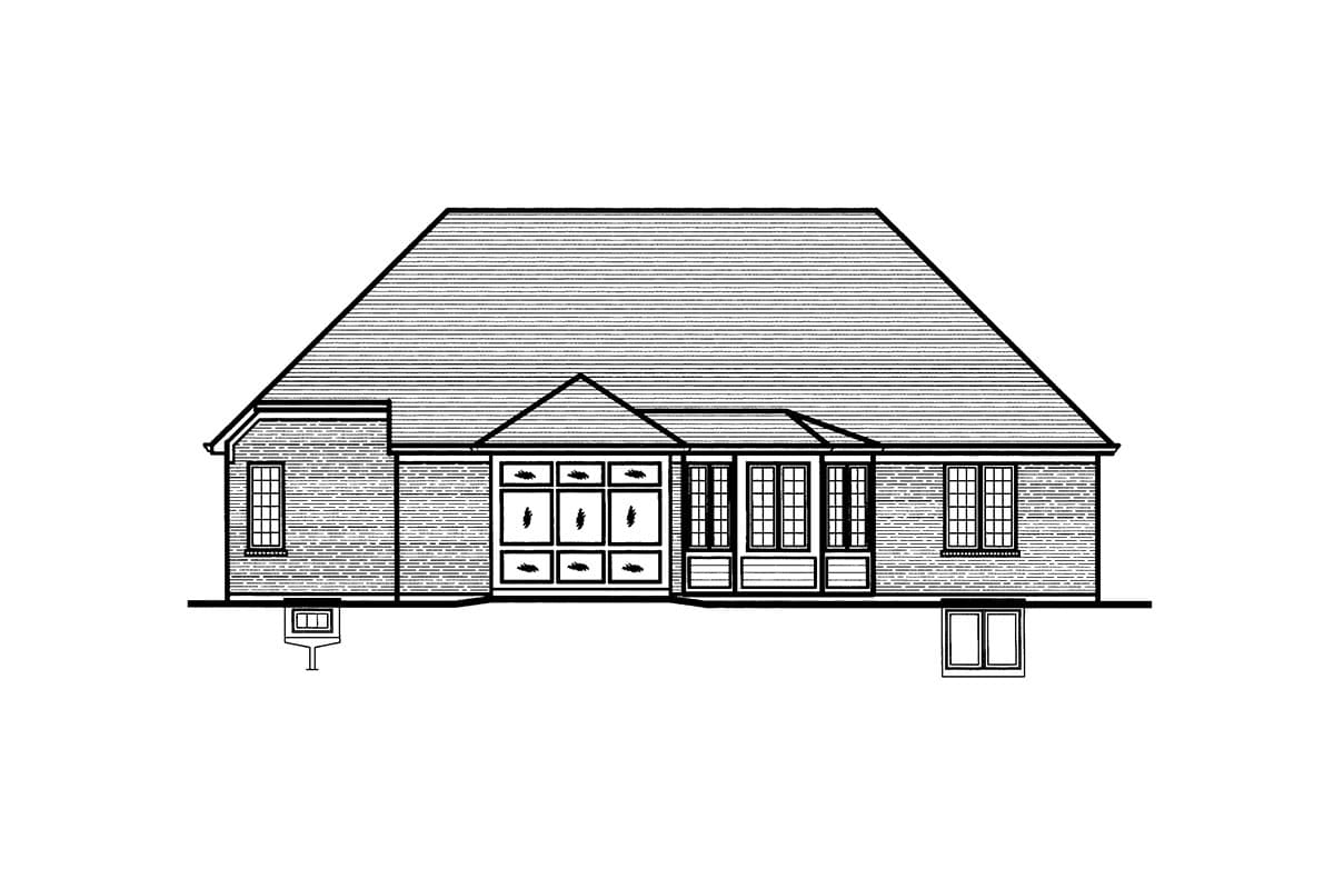 House plan elevation drawing of a single-story home with brick facade, multi-pane windows, and a hipped roof.