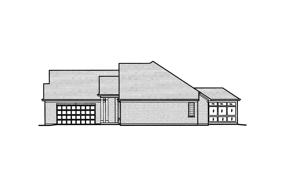 House plan exterior: one-story home with attached garage, multiple gables, and a sunroom.
