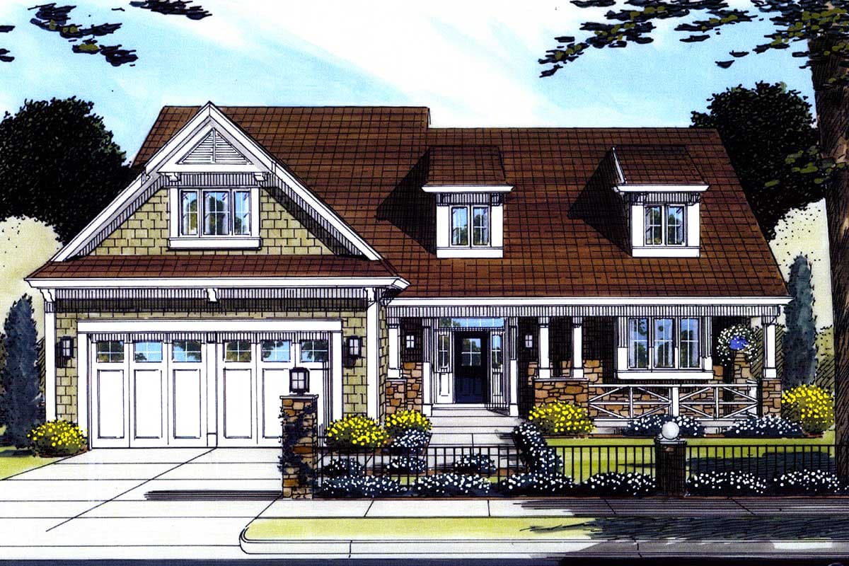 House plan exterior. Craftsman style, one story, with gables, dormers, and a covered front porch with columns.