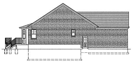 House plan side elevation showing a gable roof, two windows, a door, and stairs leading to a small porch.