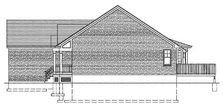 House plan side elevation showing a gabled roof, covered porch with steps, and a deck.