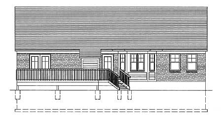 House plan exterior drawing showing a single-story structure with a large deck, double doors, and multiple windows.