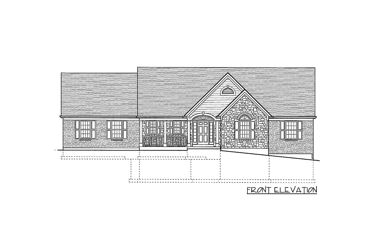Front elevation drawing of a one-story house with a gabled entrance, stone facade, porch, and multiple windows.