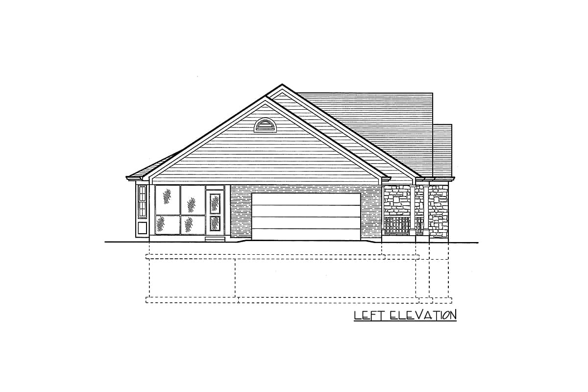 Left elevation house plan showing a single-story dwelling with a gable roof, dormer, screened porch, and stone-accented entrance.