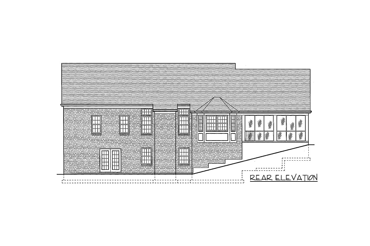 Rear elevation house plan showing a two-story brick structure with multiple windows, French doors, a sunroom, and a gabled roof.