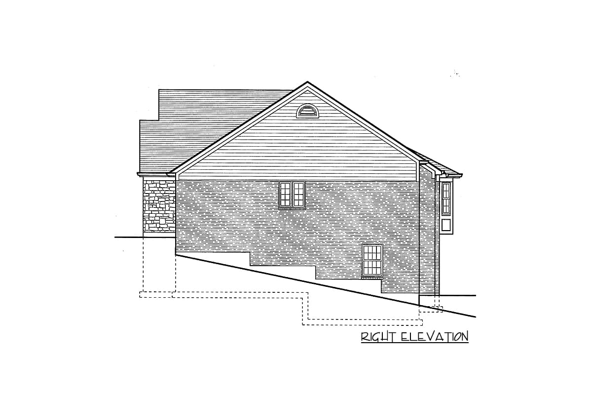 Right elevation of a house plan showing stone and brick facade, multi-story construction, and a gabled roof with dormer.