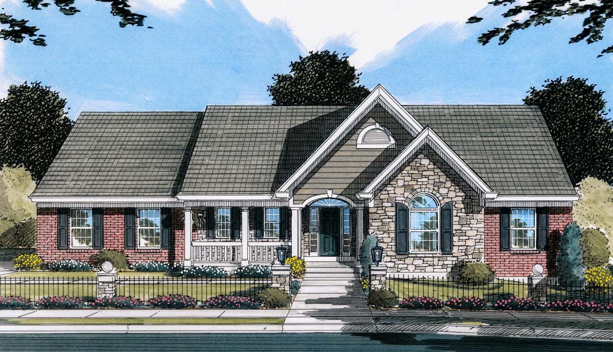 Ranch style house plan exterior with brick and stone facade, covered front porch, dual gables, and dormer.