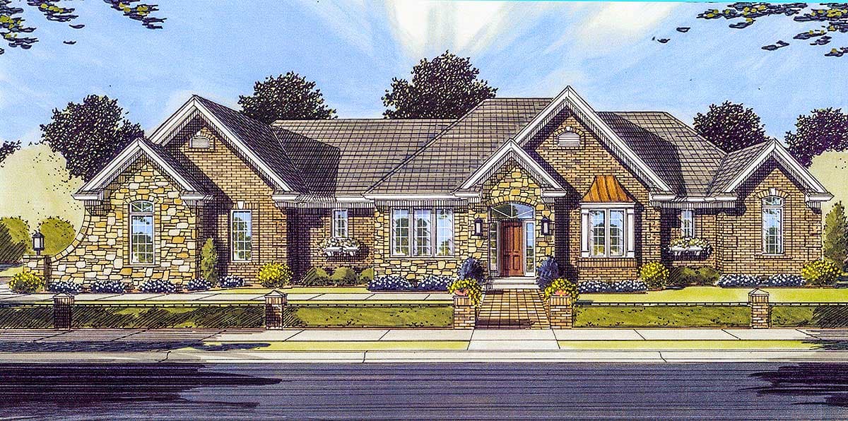 House plan exterior: Single-story home with brick and stone facade, prominent gables, and a covered entry with arched transom.