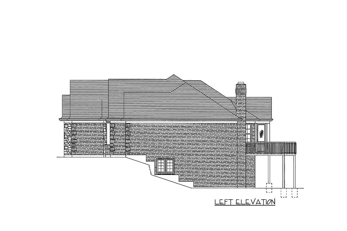 Left elevation drawing of a house plan with brick and shingle siding, multi-level roof, chimney, and deck.
