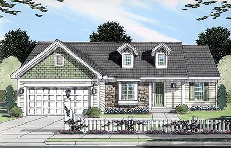 House plan exterior: One-story home with a side-facing garage, stone accents, gables, and dormer windows.