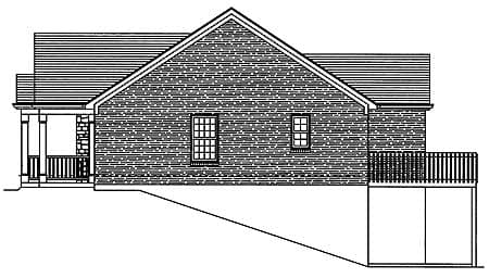 House plan side elevation showing a gabled roof, covered porch with stone pillar, and a deck overlooking a sloped foundation.