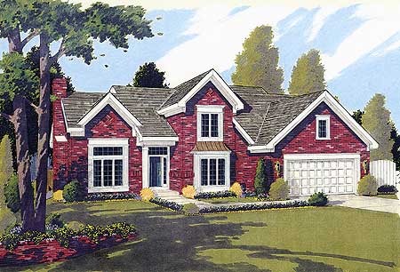 House plan exterior: Two-story brick home with prominent gables, a bay window, and attached two-car garage.