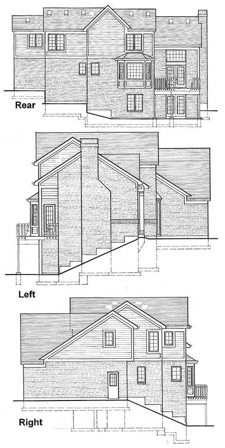 Architectural house plan elevations: rear, left, and right views showing brick and siding, gables, dormers, decks, and varied rooflines.