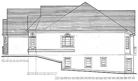 Side elevation house plan drawing showing varied rooflines, arched windows, stone accents, and basement windows.