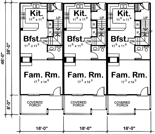 Plan 40014DB: Triplex House Plan with 1341 Square Foot 2-Bed Units with Drive-Under Garages - Floor Plan - Main Level - Traditional