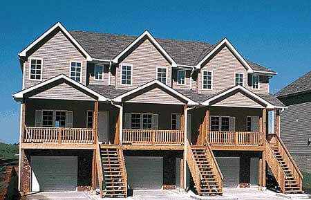 Townhouse exterior with three units, two stories, gabled roofs, front porches, and attached garages.
