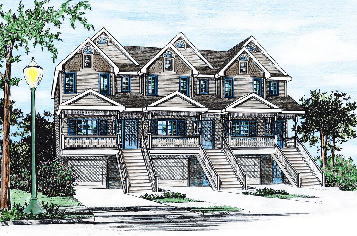 House plan exterior: three-story row houses with gabled dormers, full-width porches, and attached garages.